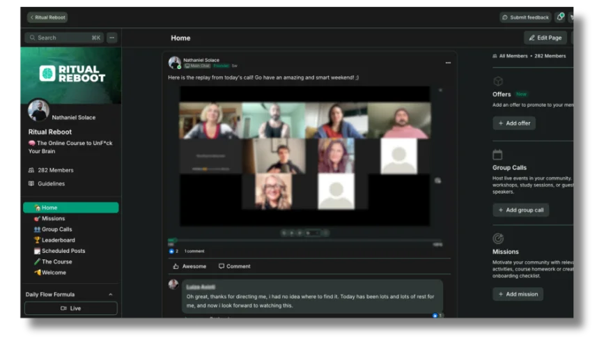 The Ritual Reboot community platform with a live group call