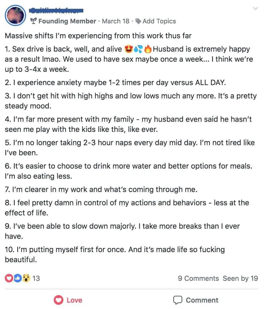 A founding member's post listing ten shifts from the program